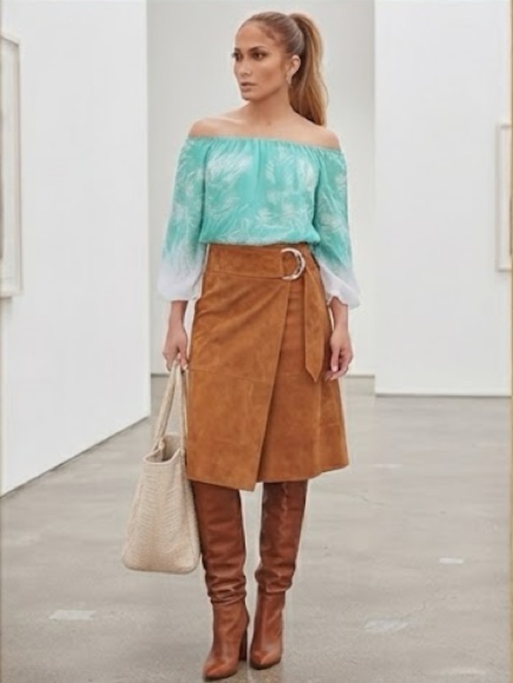 Jennifer Lopez-Mint Green White Tropical Leaf Off-The-Shoulder Semi-Sheer Blouse